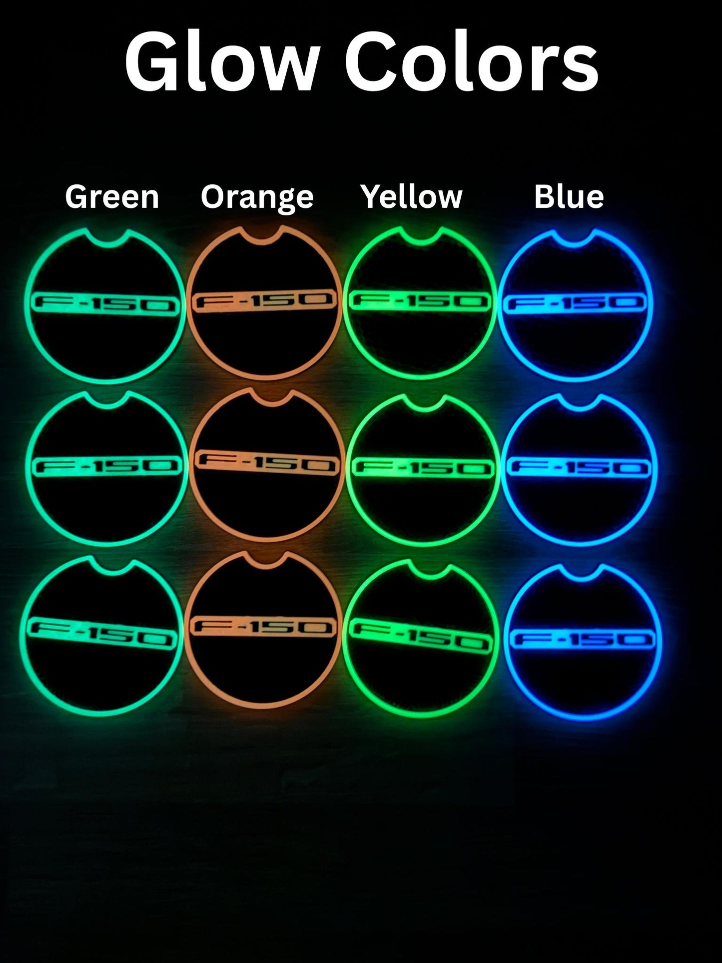 Custom Coaster Inserts - Designed to fit all F-150s - Model Years 2015-2025 - Glow or Non-Glow, Custom Colors, Set of 2