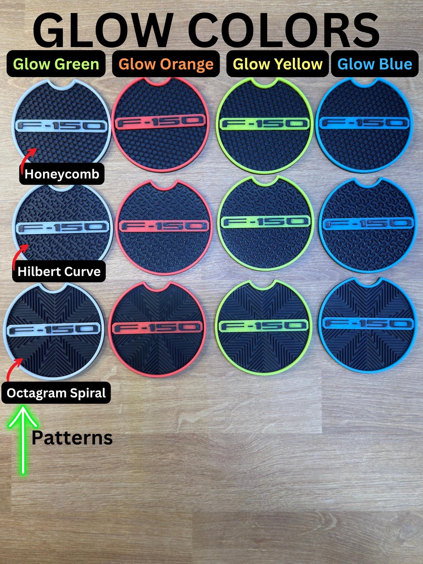 Custom Coaster Inserts - Designed to fit all F-150s - Model Years 2015-2025 - Glow or Non-Glow, Custom Colors, Set of 2